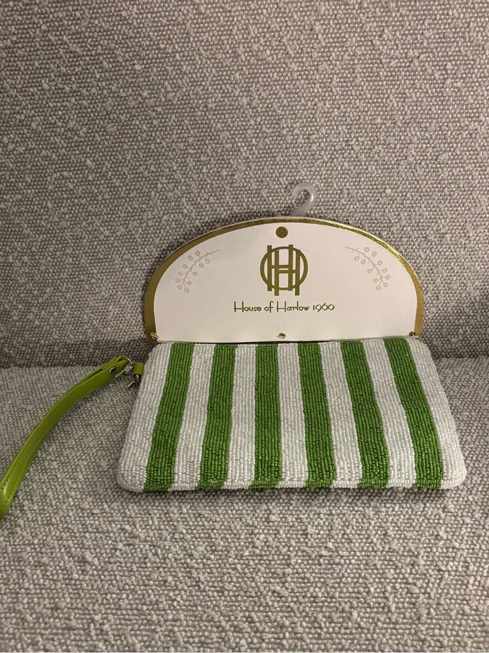 House of Harlow 1960 Green and White Striped Beaded Wristlet